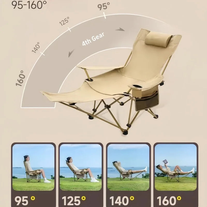 Outdoor Folding Lounge Chair 4 Gear Adjustable Angle Recliner Lightweight Fishing Chair Portable Camping Chair With Foot Support