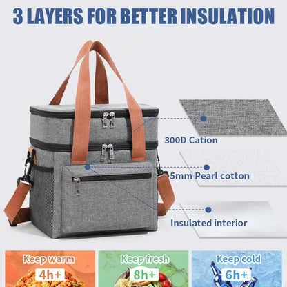 Thermal Lunch Bag Double Layers Large Capacity Lunch Boxes Bags Portable Crossbody Picnic Food Drink Storage Bag Cooler Tote New