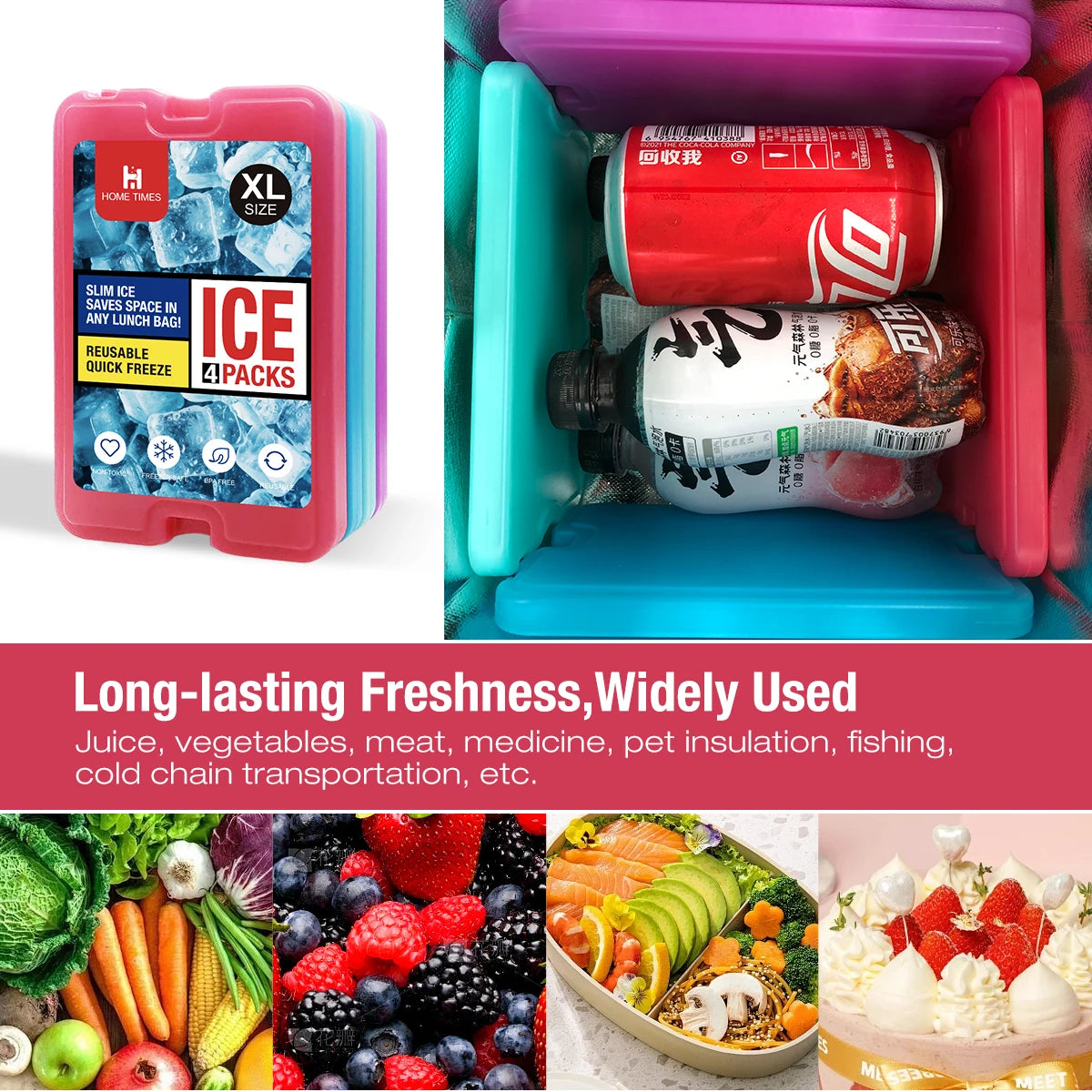 4 Ice packs for Lunch Box, Freezer Ice packs Slim Long Lasting Cool packs for Lunch Bags and Cooler
