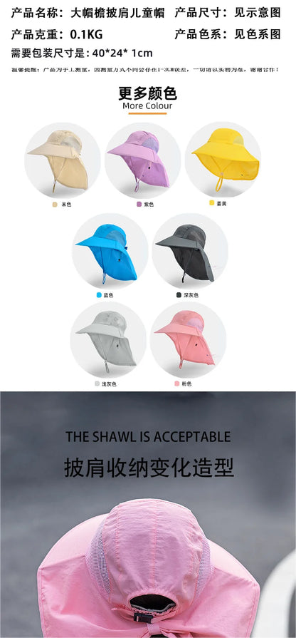 Kids Sun Hat with Neck Flap UV Protection Summer Toddler Beach Hat Unisex Ponytail Hat Wide Brim Fishing Hat