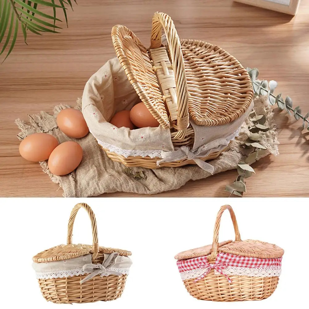 Handmade Willow Picnic Basket With Lid And Handle Washable Lining Willow Storage Basket Suitable For Outdoor Camping