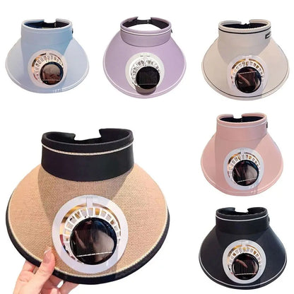 Wide Brim Sun Hat with Fan Breathable Solar Powered Fan Outdoor Visor Hat Empty Top Sunshade Beach Sunshade Hat Women