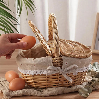 Handmade Willow Picnic Basket With Lid And Handle Washable Lining Willow Storage Basket Suitable For Outdoor Camping
