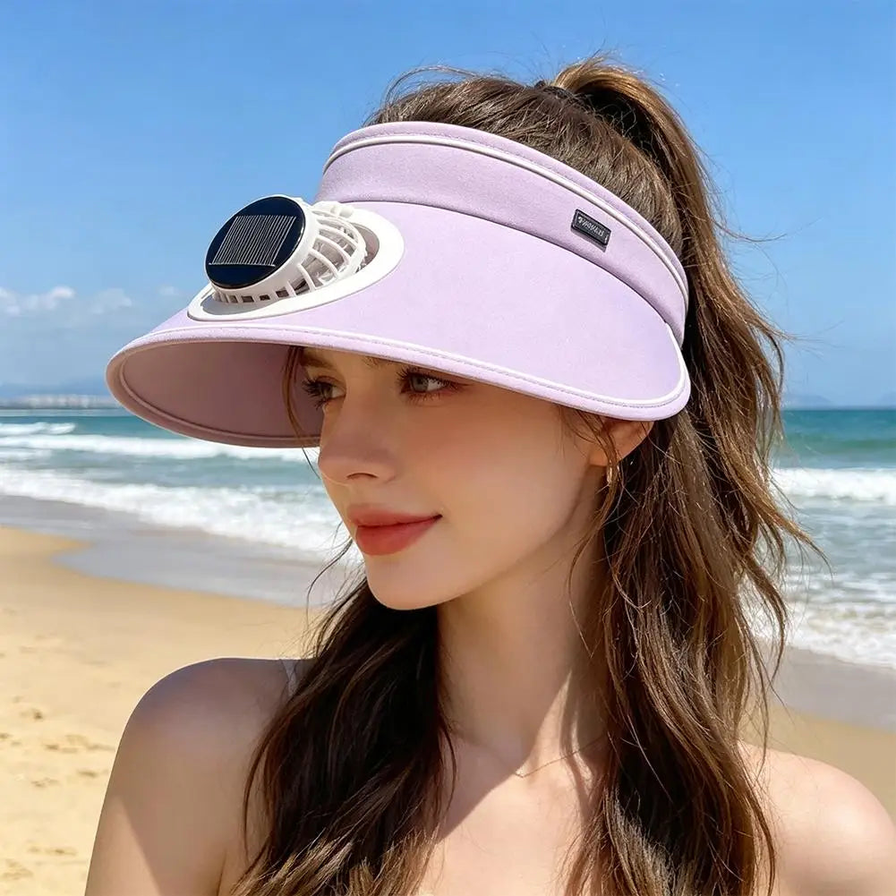 Solar USB Dual Charging Sun Visor Hat with Built-in Fan, 3-Speed Cooling, Wide Brim UPF Protection for Summer Outdoor Activities