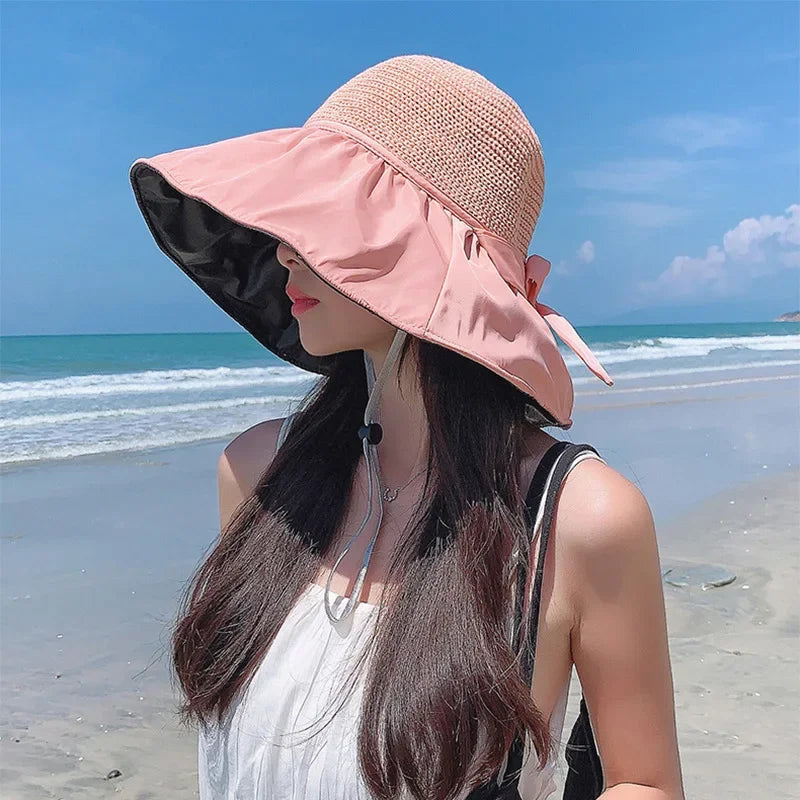 Summer Sun hat women's straw woven anti ultraviolet 2025 with big brim seaside black glue breathable Bucket hat umbrella hat