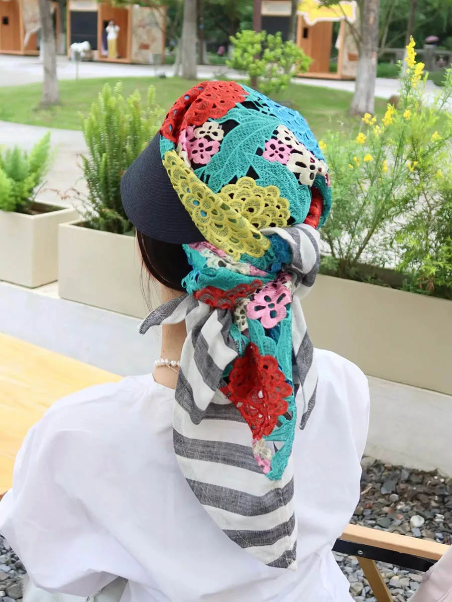 Japan Customize Women UV Paper Straw Sun Hat Hollow Lace Embroidered Headscarf Wide Brim Beach Visor Cap Summer Leisure Travel