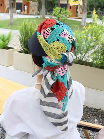 Japan Customize Women UV Paper Straw Sun Hat Hollow Lace Embroidered Headscarf Wide Brim Beach Visor Cap Summer Leisure Travel