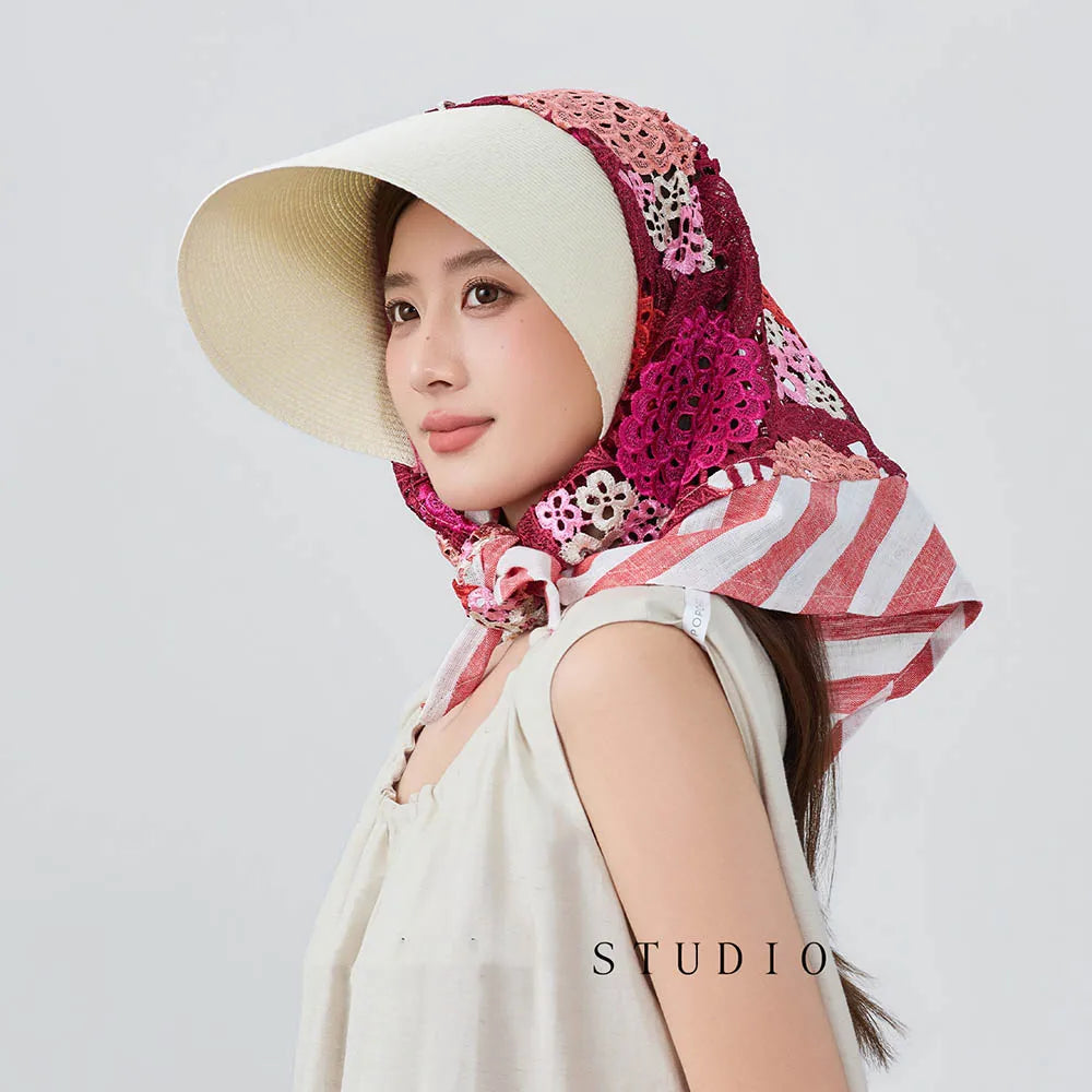 Japan Customize Women UV Paper Straw Sun Hat Hollow Lace Embroidered Headscarf Wide Brim Beach Visor Cap Summer Leisure Travel