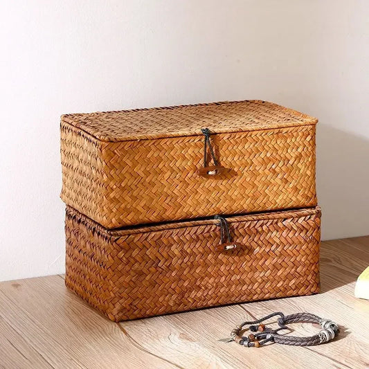 Handmade Straw Woven Vintage Storage Rack Basket, Desktop Storage Box, Gift Box, Bathroom Storage Basket, Underwear Storage Box