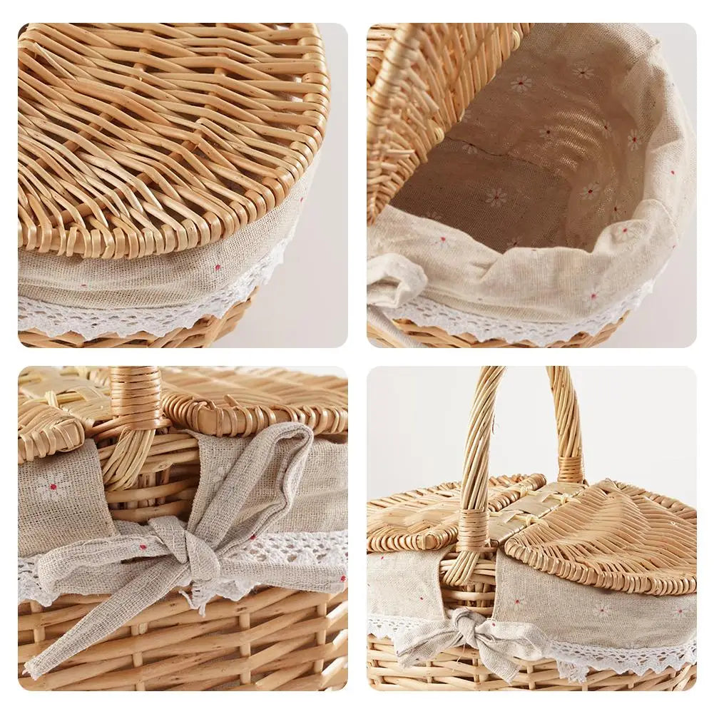 Handmade Willow Picnic Basket With Lid And Handle Washable Lining Willow Storage Basket Suitable For Outdoor Camping