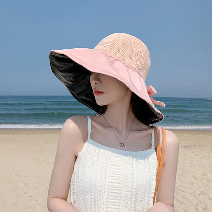 Summer Sun hat women's straw woven anti ultraviolet 2025 with big brim seaside black glue breathable Bucket hat umbrella hat