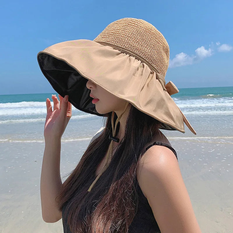 Summer Sun hat women's straw woven anti ultraviolet 2025 with big brim seaside black glue breathable Bucket hat umbrella hat