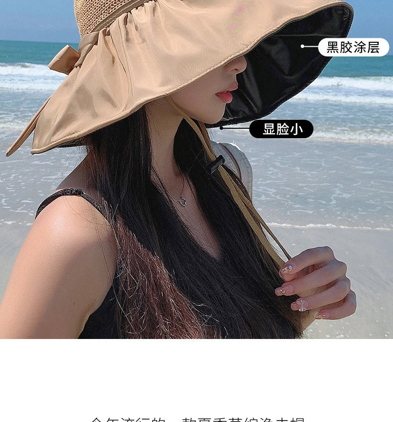 Summer Sun hat women's straw woven anti ultraviolet 2025 with big brim seaside black glue breathable Bucket hat umbrella hat