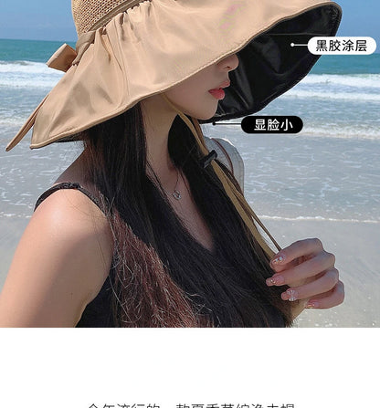 Summer Sun hat women's straw woven anti ultraviolet 2025 with big brim seaside black glue breathable Bucket hat umbrella hat