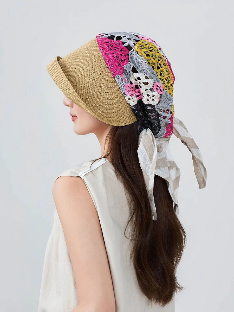 Japan Customize Women UV Paper Straw Sun Hat Hollow Lace Embroidered Headscarf Wide Brim Beach Visor Cap Summer Leisure Travel