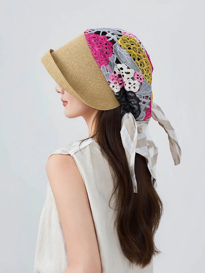 Japan Customize Women UV Paper Straw Sun Hat Hollow Lace Embroidered Headscarf Wide Brim Beach Visor Cap Summer Leisure Travel