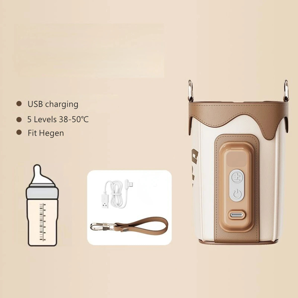 Portable Baby Bottle Warmer for Travel, USB Charging Bottle Warmer Sleeve, 5 Levels 38-50℃ Adjustable
