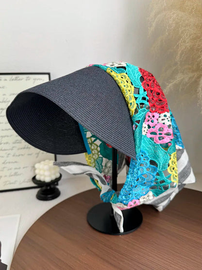 Japan Customize Women UV Paper Straw Sun Hat Hollow Lace Embroidered Headscarf Wide Brim Beach Visor Cap Summer Leisure Travel
