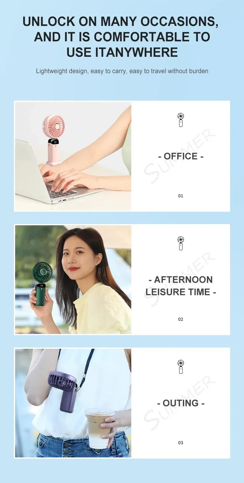 Handheld Mini Fan Foldable Portable Neck Hanging Fans 5 Speed USB Rechargeable Fan with Phone Stand and Display Screen 1800mAh