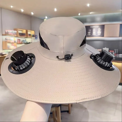 Outdoor Summer Sun Hat With 2 Fan Large Brim Windproof Strap Solar Or USB Charging Anti UV Sun Fishing Cap