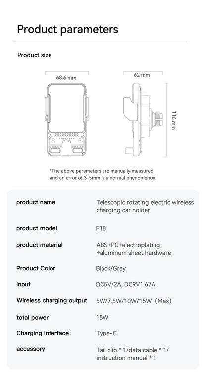 15W Wireless Charger Smart Induction Rotating Universal Car Mobile Phone Holder Air Outlet Clip For iPhone Samsung Xiaomi Huawei