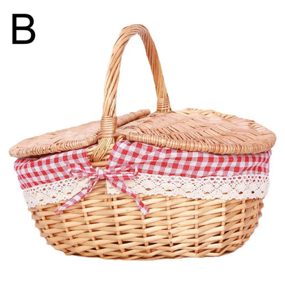 Handmade Willow Picnic Basket With Lid And Handle Washable Lining Willow Storage Basket Suitable For Outdoor Camping