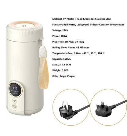 LED Digital Display Boiling Water Electric Bottle 220V 400W Leakproof Travel Milk Coffee Heating Cup Portable Hot Water Kettle