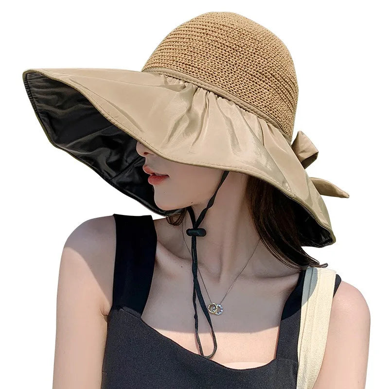 Summer Sun hat women's straw woven anti ultraviolet 2025 with big brim seaside black glue breathable Bucket hat umbrella hat