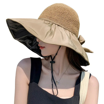 Summer Sun hat women's straw woven anti ultraviolet 2025 with big brim seaside black glue breathable Bucket hat umbrella hat