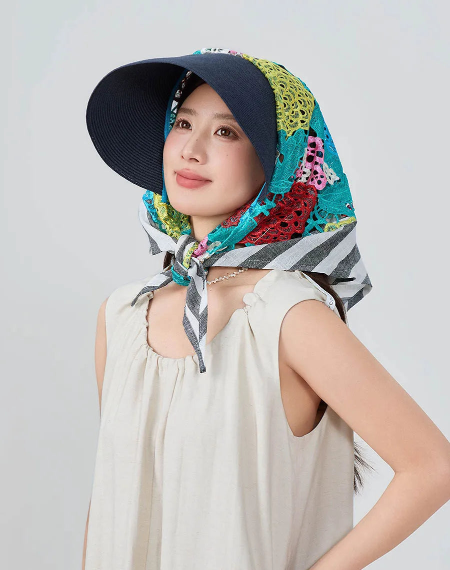 Japan Customize Women UV Paper Straw Sun Hat Hollow Lace Embroidered Headscarf Wide Brim Beach Visor Cap Summer Leisure Travel