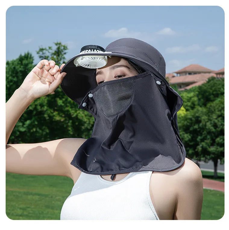 Women Wide Brim Solar Fan Sun Hat Integrated Face Shield Shawl Design UV Protection Fisherman Cap Outdoor Breathable