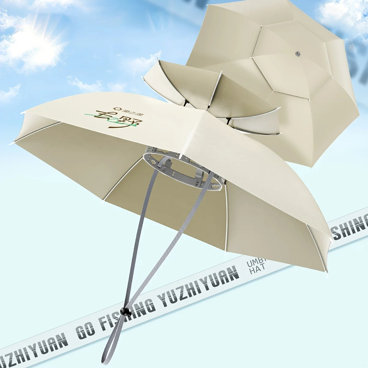 Double Layer Fishing Umbrella Hat Head-Mounted Sun Protection Hat for Fishing Hiking Camping Outdoor