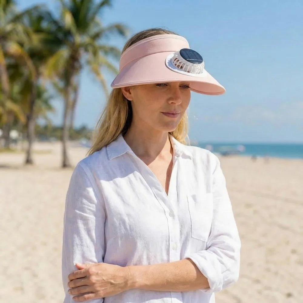 Wide Brim Sun Hat with Fan Breathable Solar Powered Fan Outdoor Visor Hat Empty Top Sunshade Beach Sunshade Hat Women