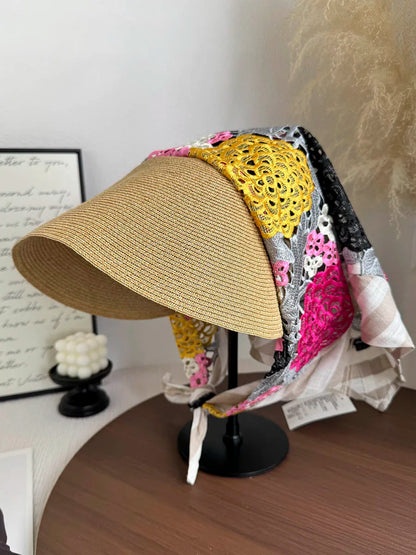 Japan Customize Women UV Paper Straw Sun Hat Hollow Lace Embroidered Headscarf Wide Brim Beach Visor Cap Summer Leisure Travel