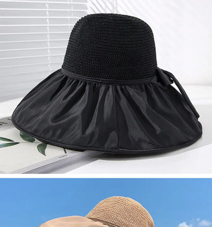 Summer Sun hat women's straw woven anti ultraviolet 2025 with big brim seaside black glue breathable Bucket hat umbrella hat