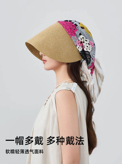 Japan Customize Women UV Paper Straw Sun Hat Hollow Lace Embroidered Headscarf Wide Brim Beach Visor Cap Summer Leisure Travel