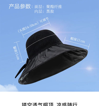 Summer Sun hat women's straw woven anti ultraviolet 2025 with big brim seaside black glue breathable Bucket hat umbrella hat