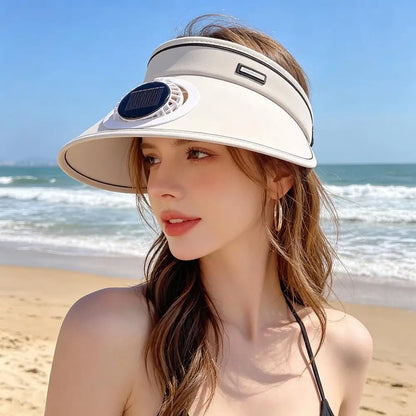 Solar USB Dual Charging Sun Visor Hat with Built-in Fan, 3-Speed Cooling, Wide Brim UPF Protection for Summer Outdoor Activities