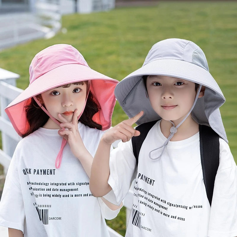 Kids Sun Hat with Neck Flap UV Protection Summer Toddler Beach Hat Unisex Ponytail Hat Wide Brim Fishing Hat