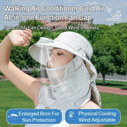 Women Wide Brim Solar Fan Sun Hat Integrated Face Shield Shawl Design UV Protection Fisherman Cap Outdoor Breathable