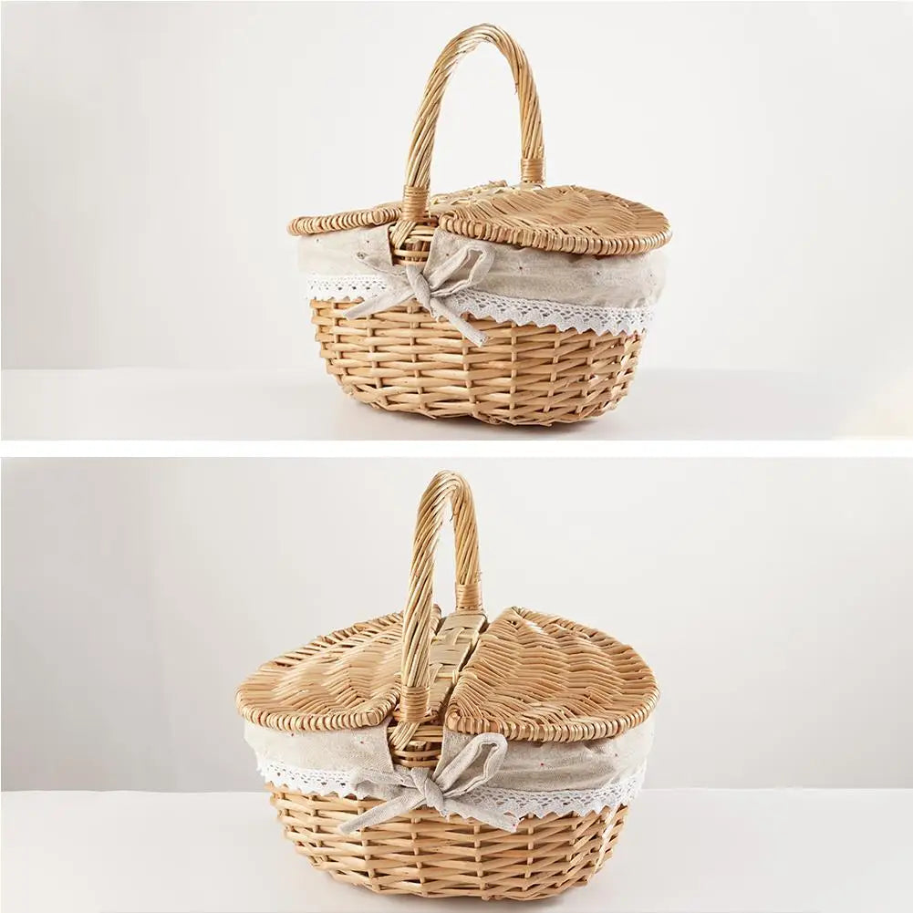 Handmade Willow Picnic Basket With Lid And Handle Washable Lining Willow Storage Basket Suitable For Outdoor Camping