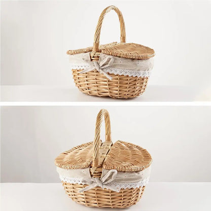 Handmade Willow Picnic Basket With Lid And Handle Washable Lining Willow Storage Basket Suitable For Outdoor Camping