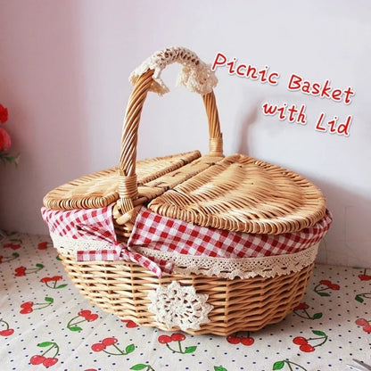 Simple Cute Wicker Carry-on Handle Storage Baskets Picnic Basket with Lid Fruit Food Basket Home Organize Accessory Small Size