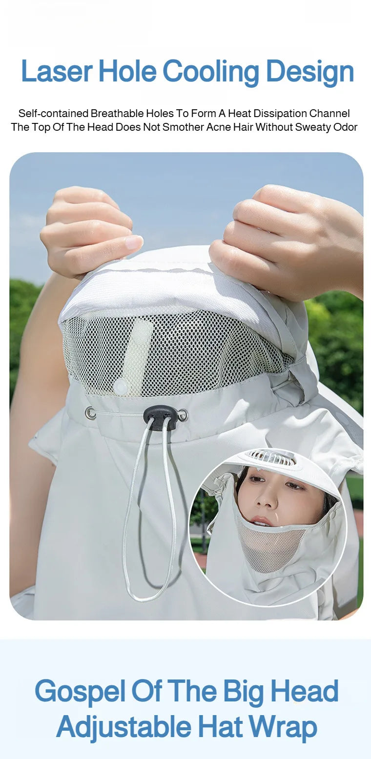 Women Wide Brim Solar Fan Sun Hat Integrated Face Shield Shawl Design UV Protection Fisherman Cap Outdoor Breathable