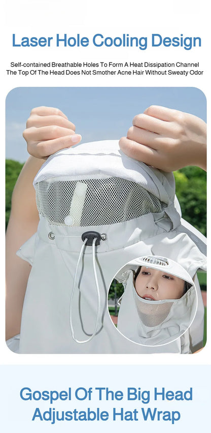 Women Wide Brim Solar Fan Sun Hat Integrated Face Shield Shawl Design UV Protection Fisherman Cap Outdoor Breathable