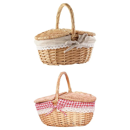 Handmade Willow Picnic Basket With Lid And Handle Washable Lining Willow Storage Basket Suitable For Outdoor Camping