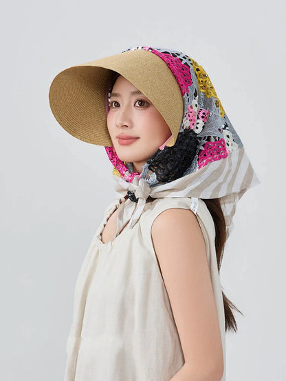 Japan Customize Women UV Paper Straw Sun Hat Hollow Lace Embroidered Headscarf Wide Brim Beach Visor Cap Summer Leisure Travel