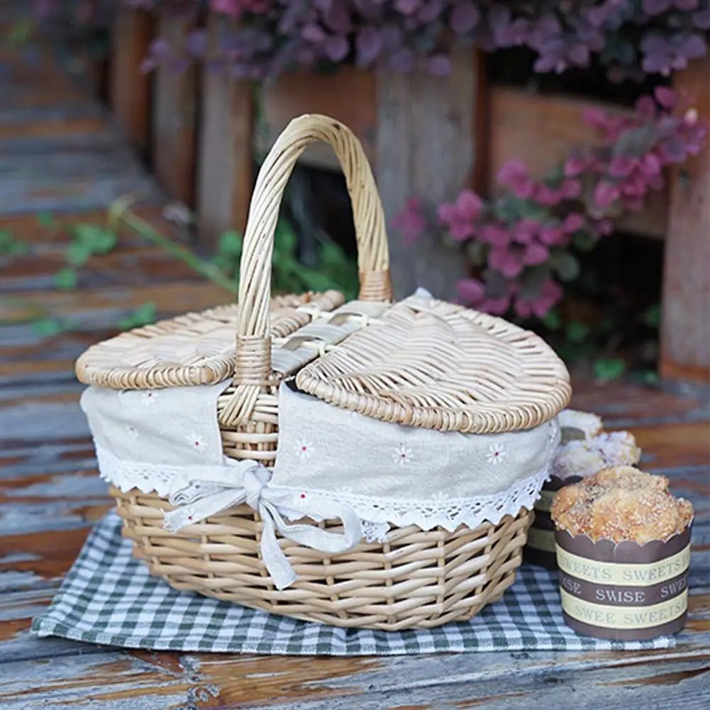 Handmade Willow Picnic Basket With Lid And Handle Washable Lining Willow Storage Basket Suitable For Outdoor Camping