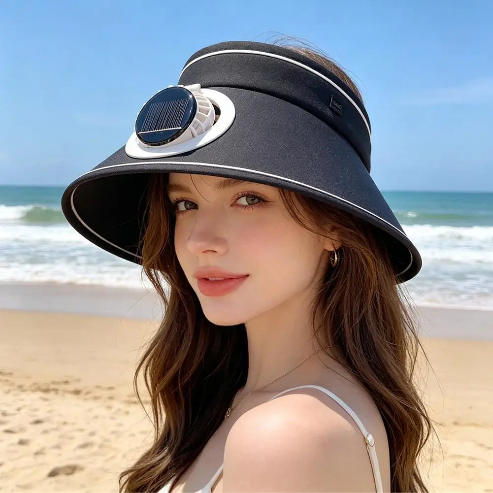 Solar USB Dual Charging Sun Visor Hat with Built-in Fan, 3-Speed Cooling, Wide Brim UPF Protection for Summer Outdoor Activities