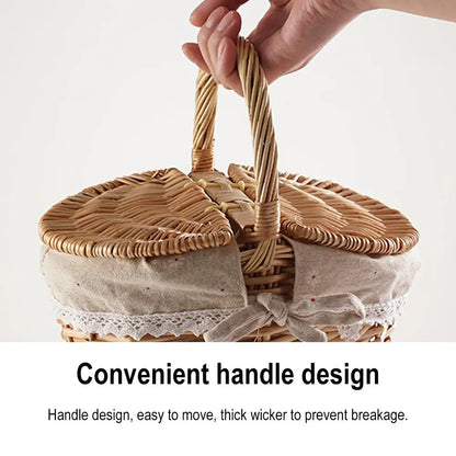 Handmade Willow Picnic Basket With Lid And Handle Washable Lining Willow Storage Basket Suitable For Outdoor Camping